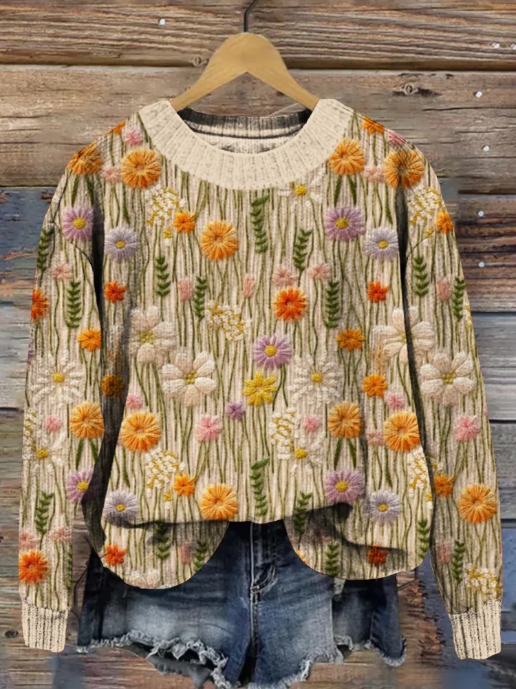 VChics Woolen Flowers Embroidered Cozy Knit Sweater