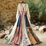Women's Retro Bohemian Floral Casual V-neck Long-sleeved Dress (belt Not Included) - Image 2