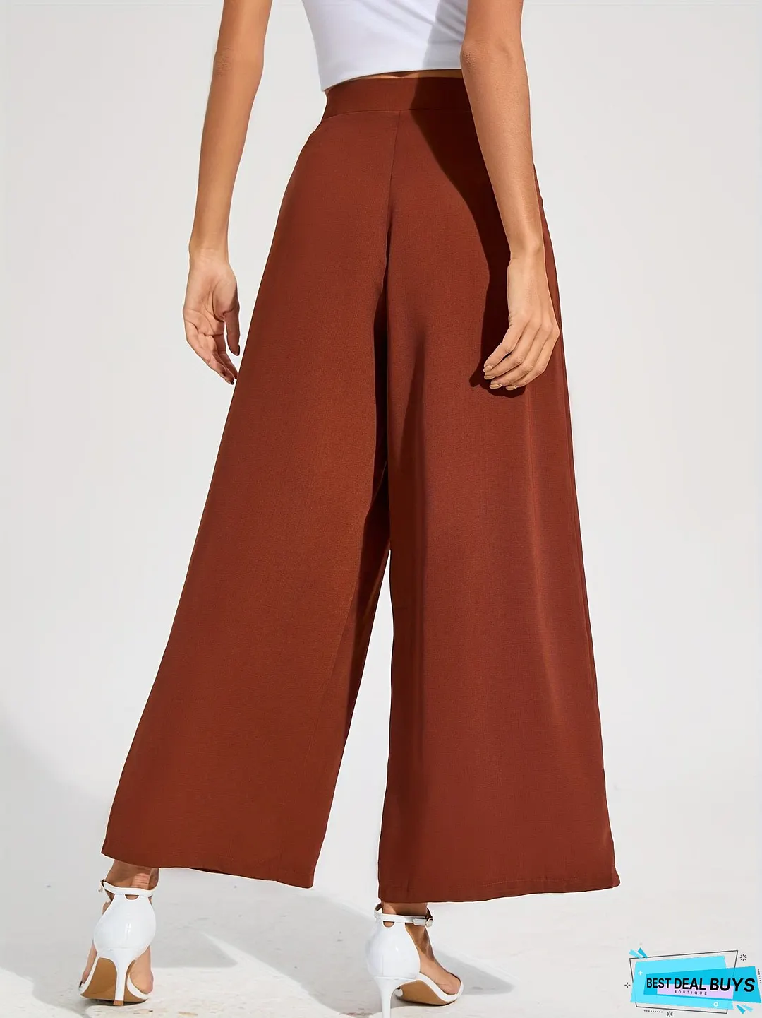 Solid Pleated Wide Leg Pants, Elegant High Waist Palazzo Pants, Women's Clothing