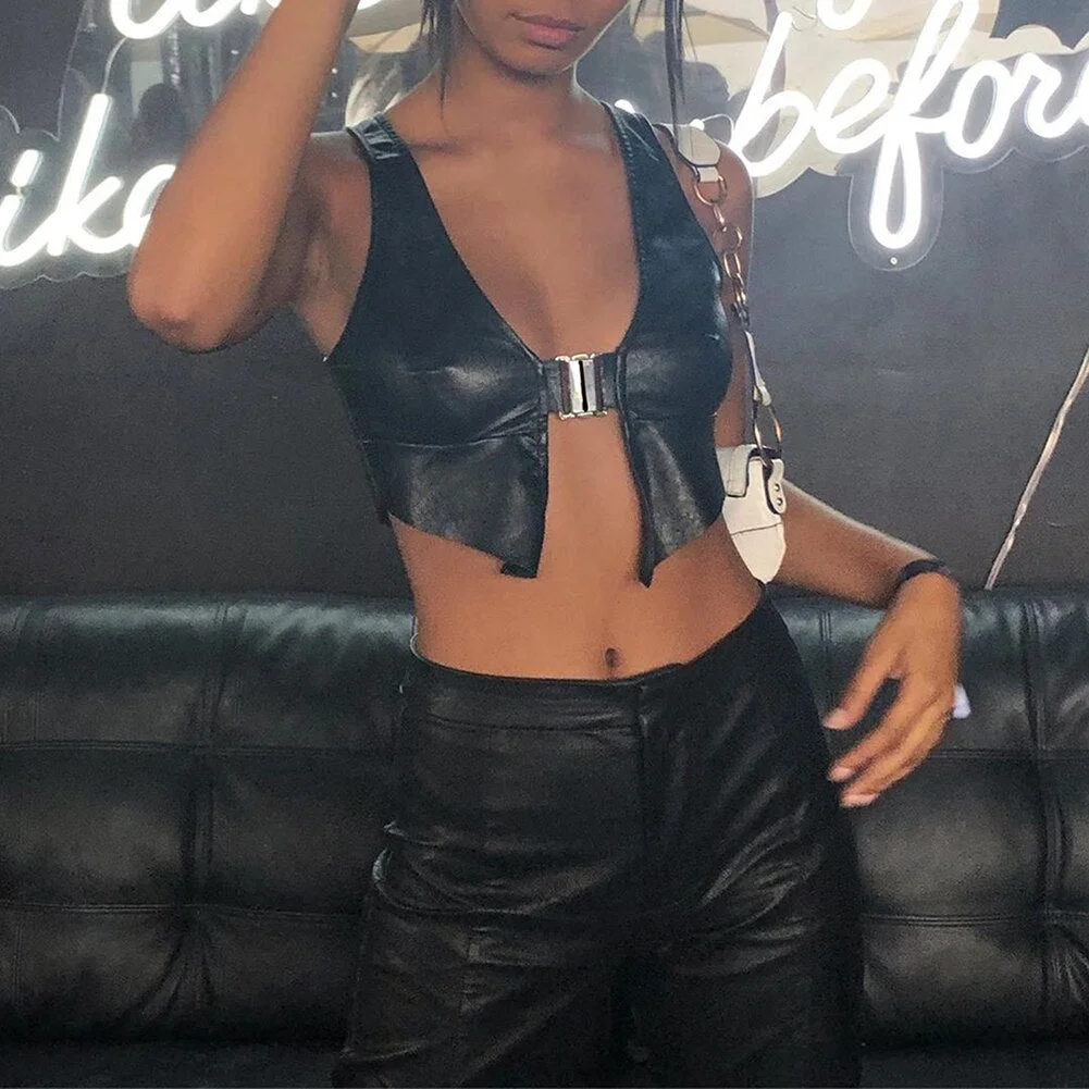 Leather Black Navel Bare Vintage Camisole Party Club Sexy Crop Tops Vest For Women Cropped Hollow Out Sleeveless Summer 2021 New