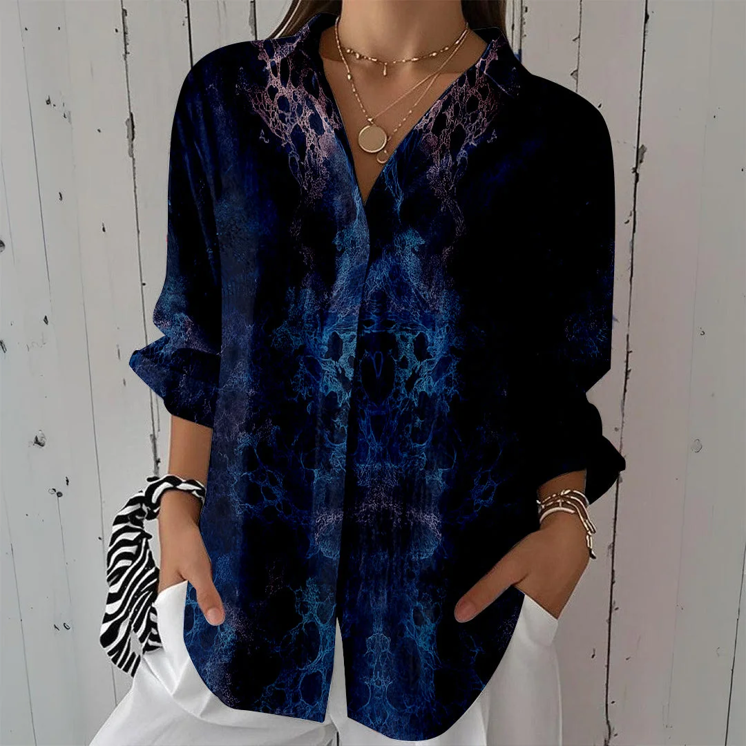Style & Comfort for Mature Women Women Black, Blue, Bohemian DZCL0404 3/4 Sleeve Shirt Collar Printed Button Tops