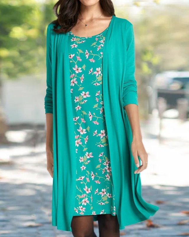 Fake Two Piece Printed Long Sleeve Dress