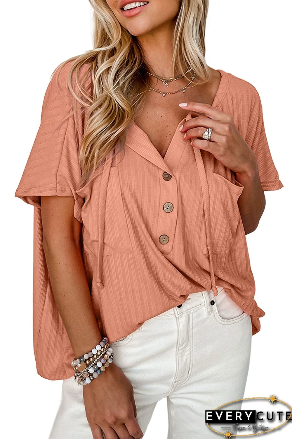Orange Notched V Neck Buttoned Front Textured Loose Top