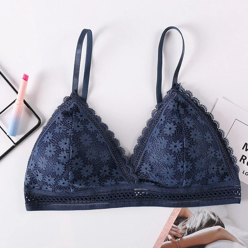 French style sexy ladies lace pierced steel sports bra beauty back wrapped chest comfortable stretch bra triangle cup underwear