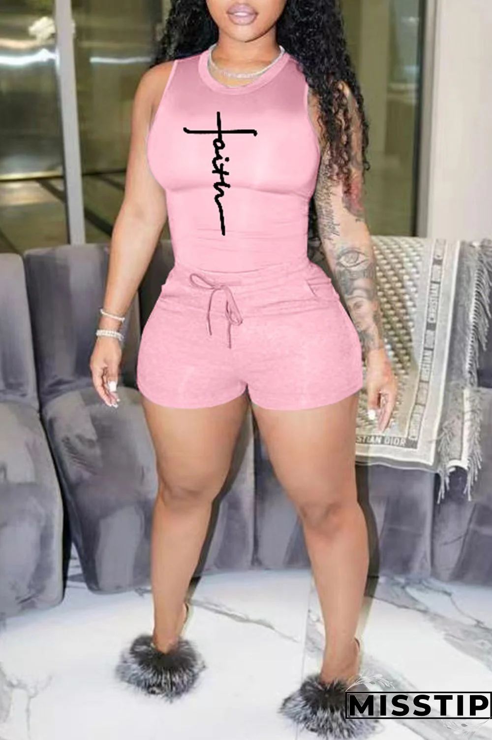 Blue Fashion Casual Sportswear Print Basic O Neck Sleeveless Two Pieces