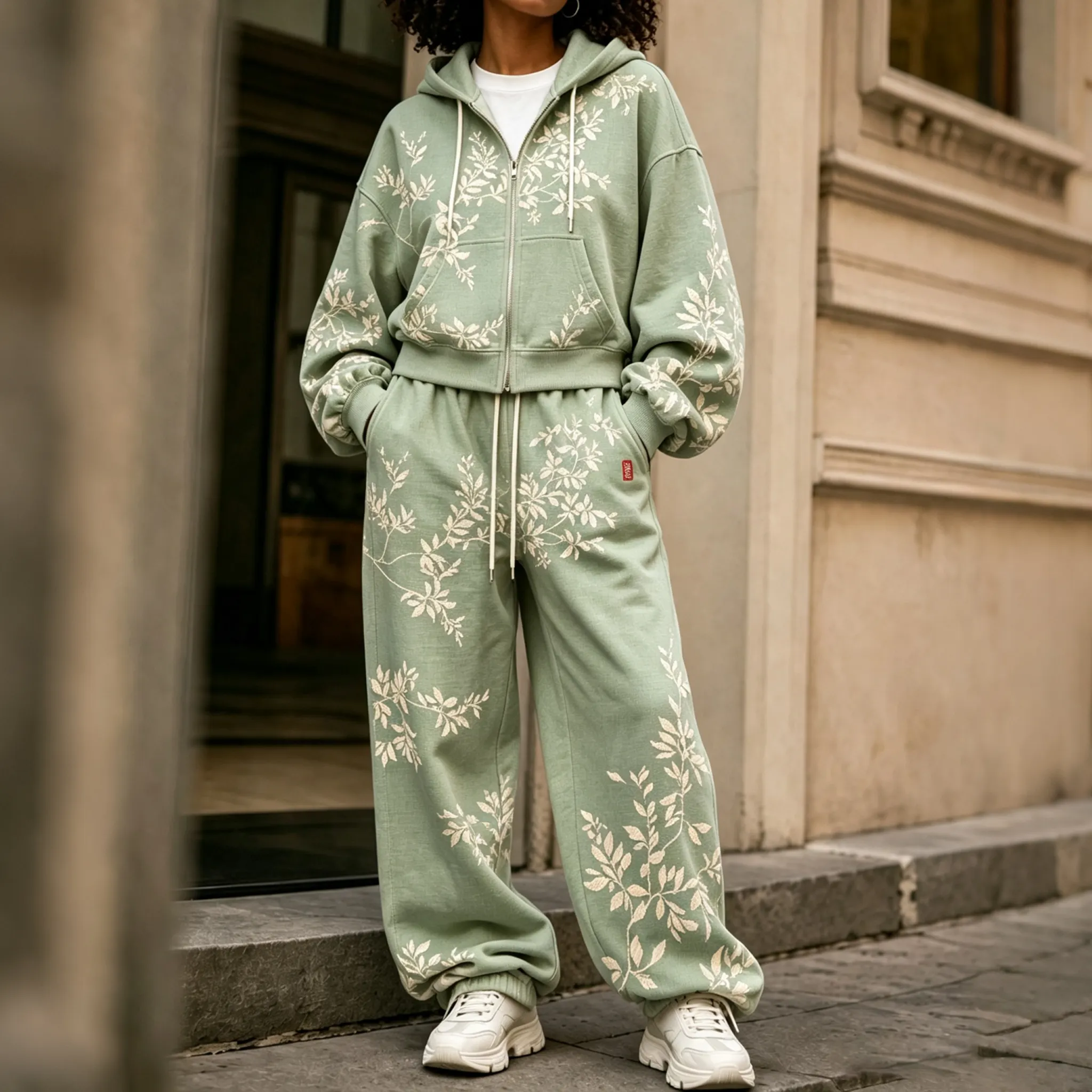 Comstylish Comstylish Women's Vintage Floral Art Print Zip Up Hoodie Two Piece Set