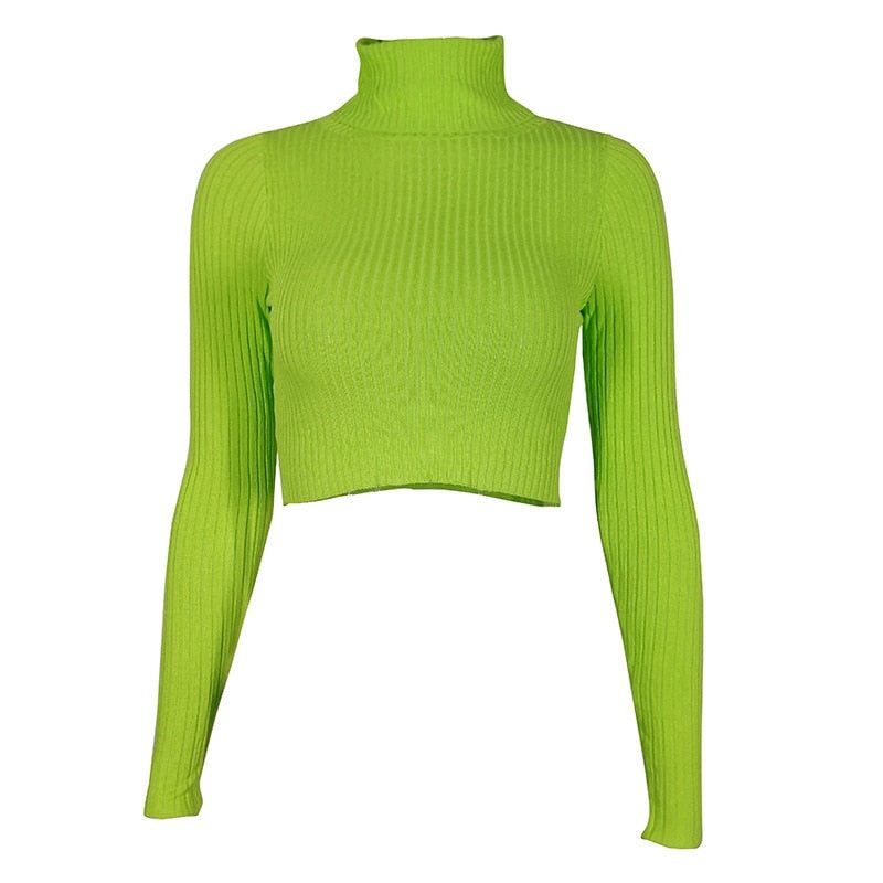 InstaHot Turtleneck Green Sweater Thin Crop Top Skinny Long Sleeve Autumn Winter Casual Jumpers Women Sexy Pullover Sweater