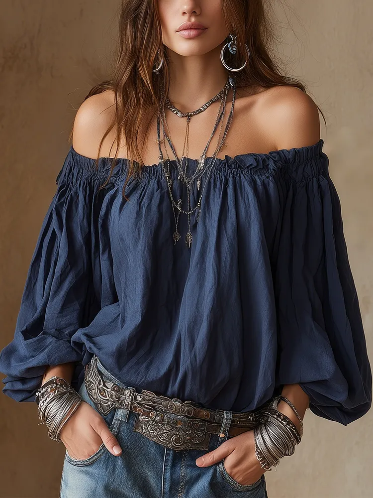 Navy Blue Bohemian Off-Shoulder Shirt