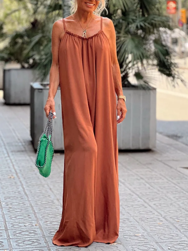 Women's solid color knit casual V-neck jumpsuit