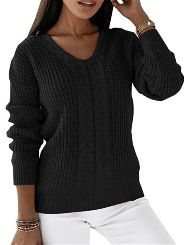 Women plus size clothing Women's Long Sleeve V-neck Solid Color Twist Knitting Sweater-Nordswear
