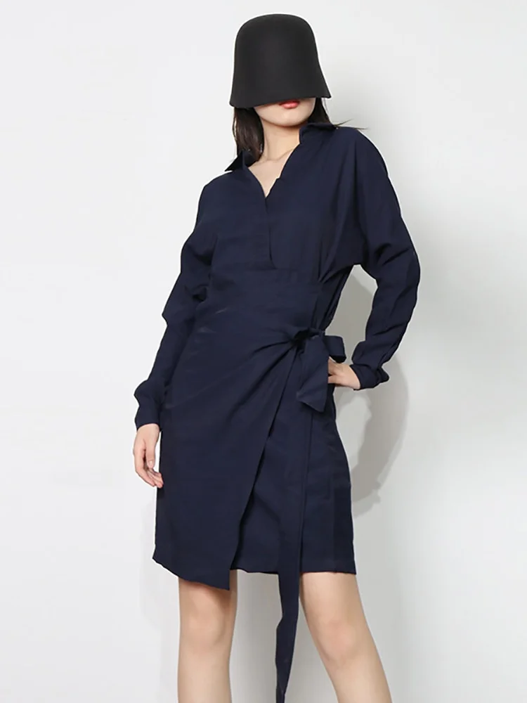 Elegant Solid Color V-neck Asymmetrical Bandage Long Sleeve Shirt Dress          