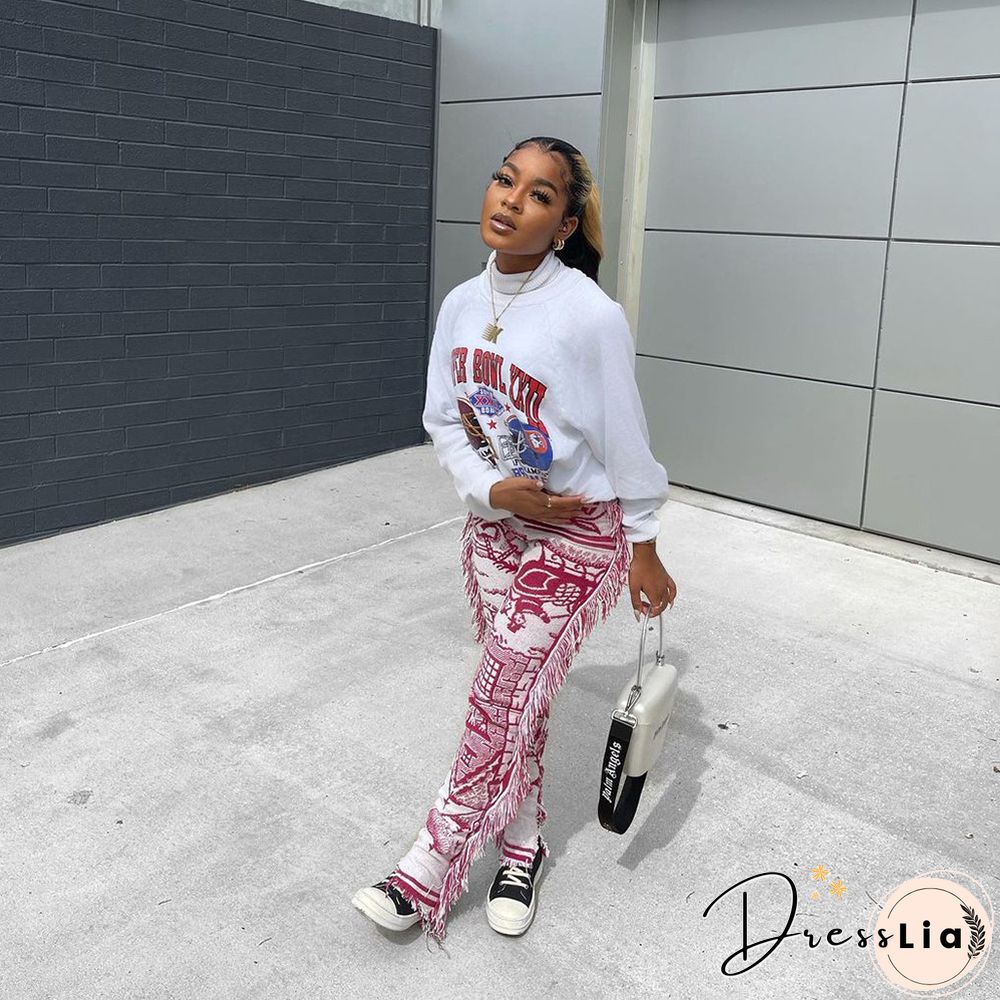 Side Tassels Patchwork Elastic Waist Women Print Jogger Pant