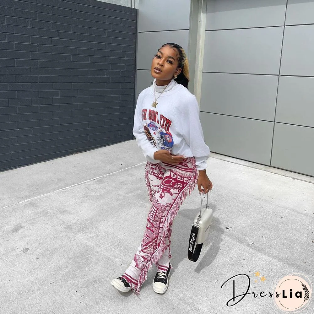 Side Tassels Patchwork Elastic Waist Women Print Jogger Pant