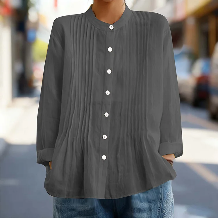 Casual Buttoned Solid Color Long Sleeve Stand Collar Shirt