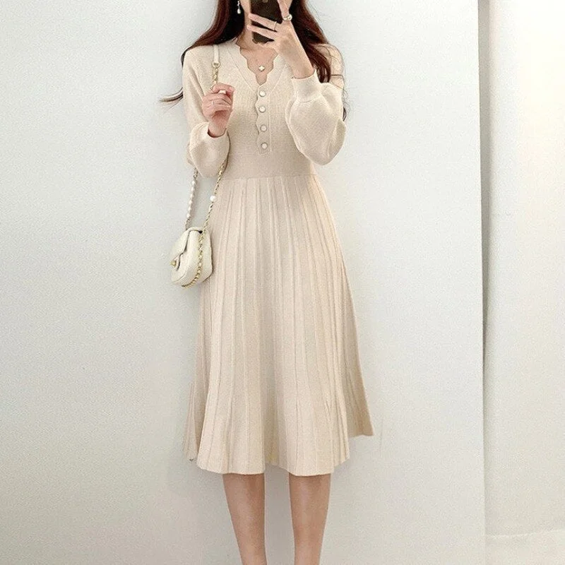 Christmas Gift V Neck Long Sleeve Midi Dress Women Button Decreation High Waist A Line Slim Femme Robe 2021 Chic Knitted Solid Vestidos