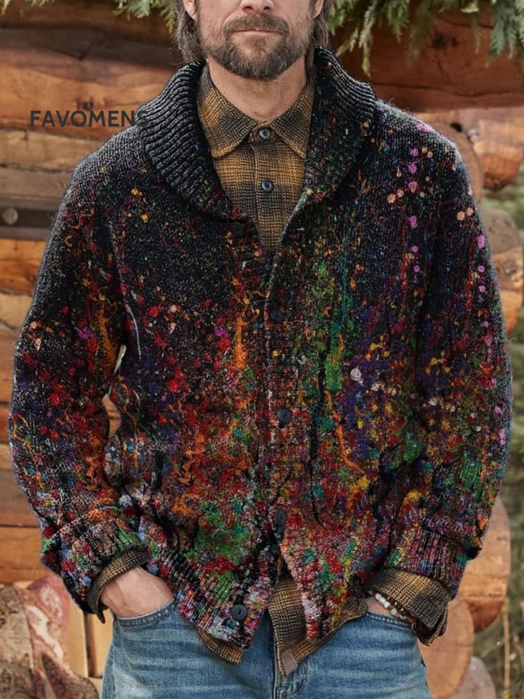Color Paint Splash Ink Art Print Knit V-Neck Pullover Sweater Multicolor / S