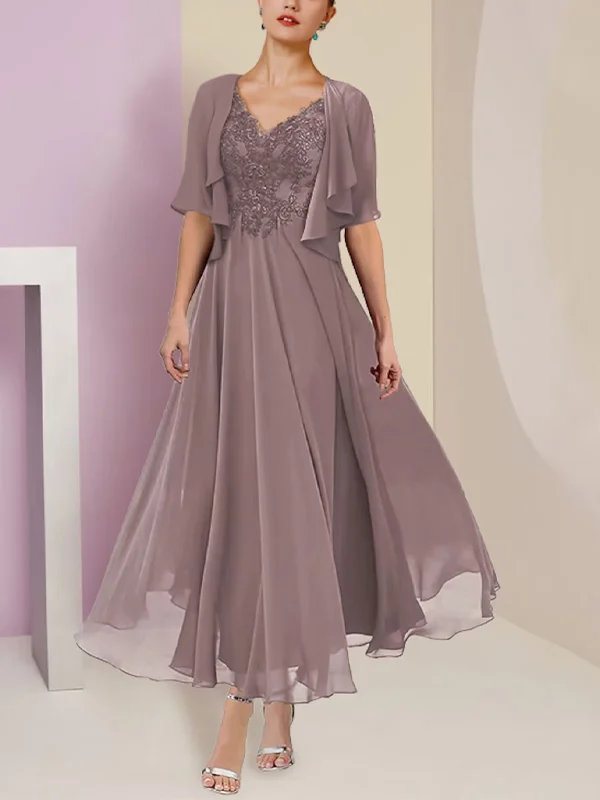 Two-Piece Elegant V Neck Lace Short Sleeve Dress