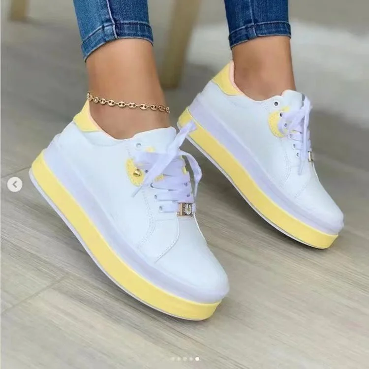 Women's Casual Round Toe Color Patchwork Lace Up Sneakers