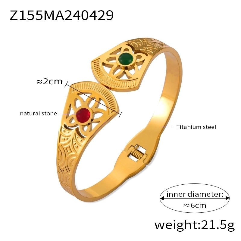 Retro Minimalist Round 304 Stainless Steel 18K Gold Plated Natural Stone Bangle In Bulk