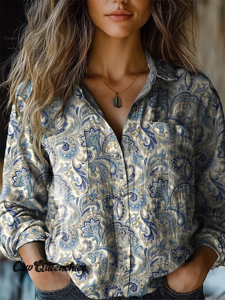 Vintage Floral Pattern Printed Women’s Casual Long Sleeve Comfortable Cotton Shirt Multicolor / S