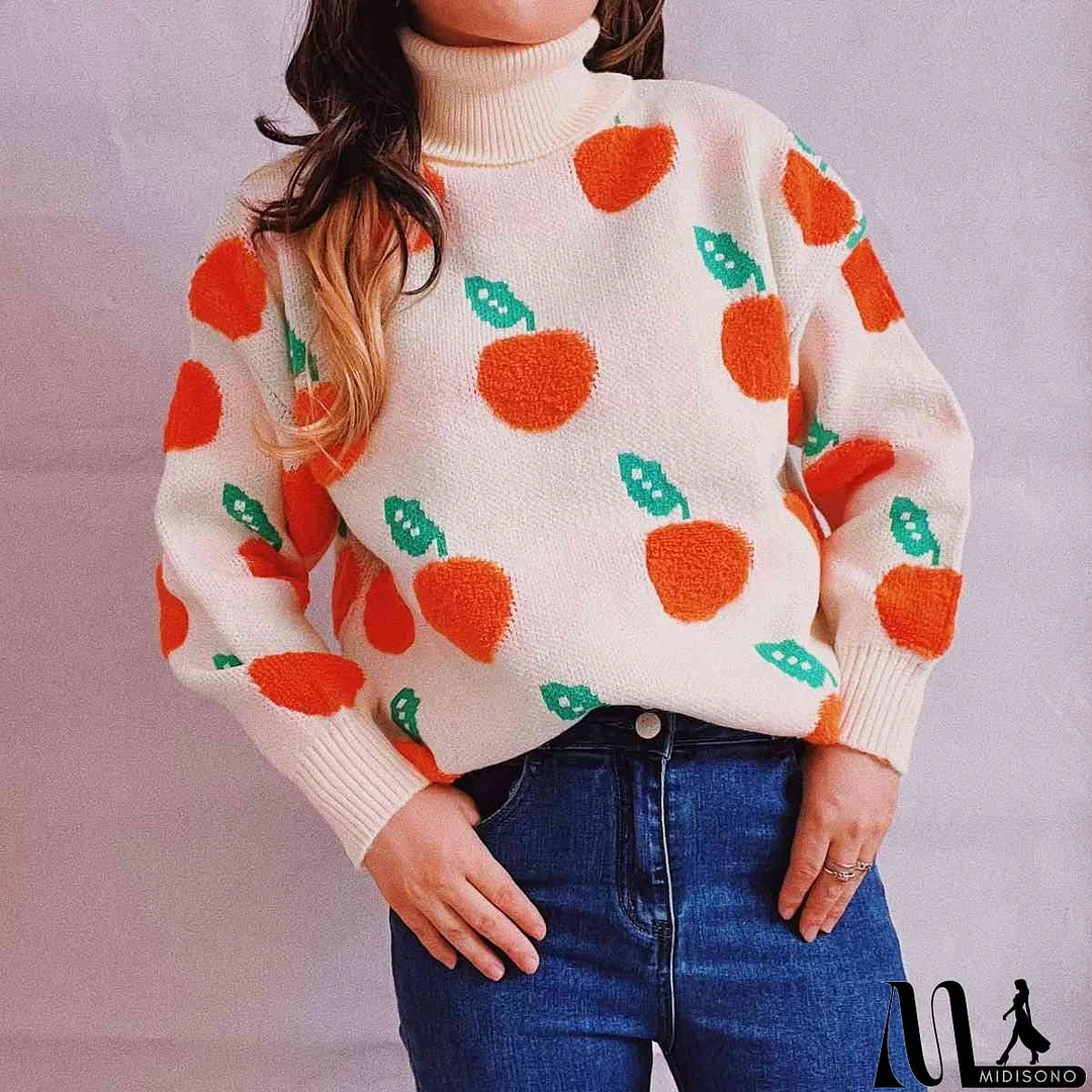 MidiSono - Fruit Pattern Turtleneck Dropped Sweater