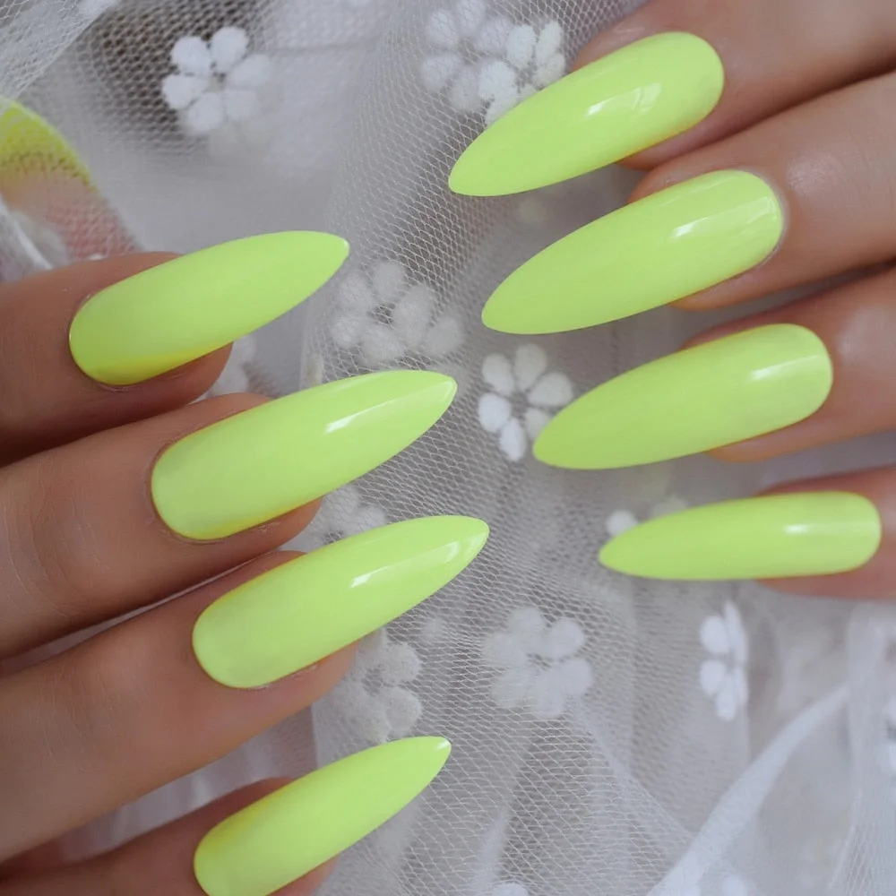 Neon Yellow Tip Short Petie Press On Nails Squoval Glossy Solid Fake Nails Square Head Color Tips for Daily Wear 24-Nail Inspo