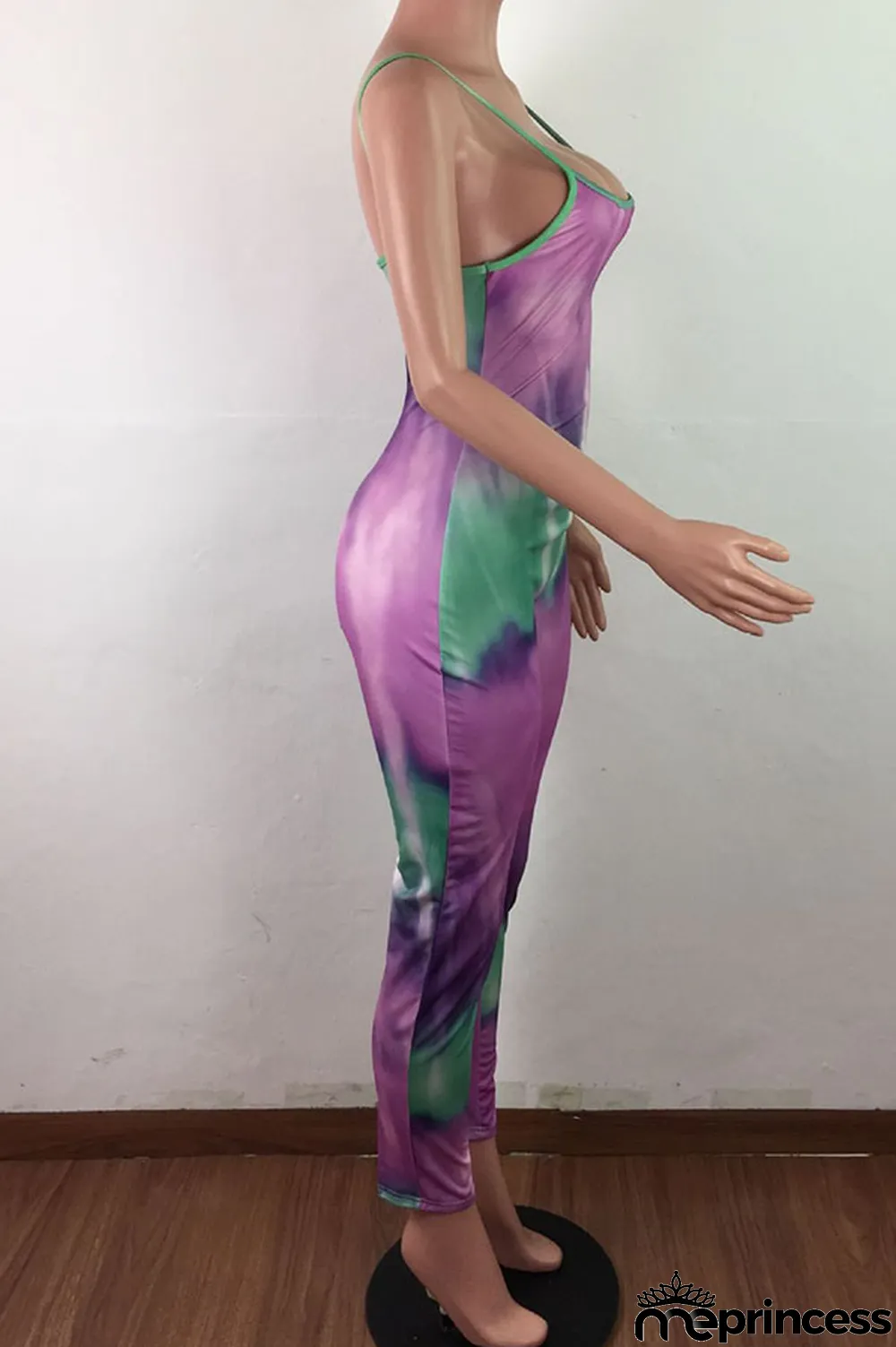 Blue Fashion Sexy Tie-dyed Sleeveless Slip Jumpsuits