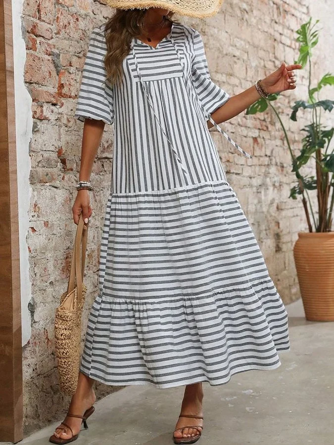 Women's Casual V-Neck Elbow Sleeve Striped Print Dress