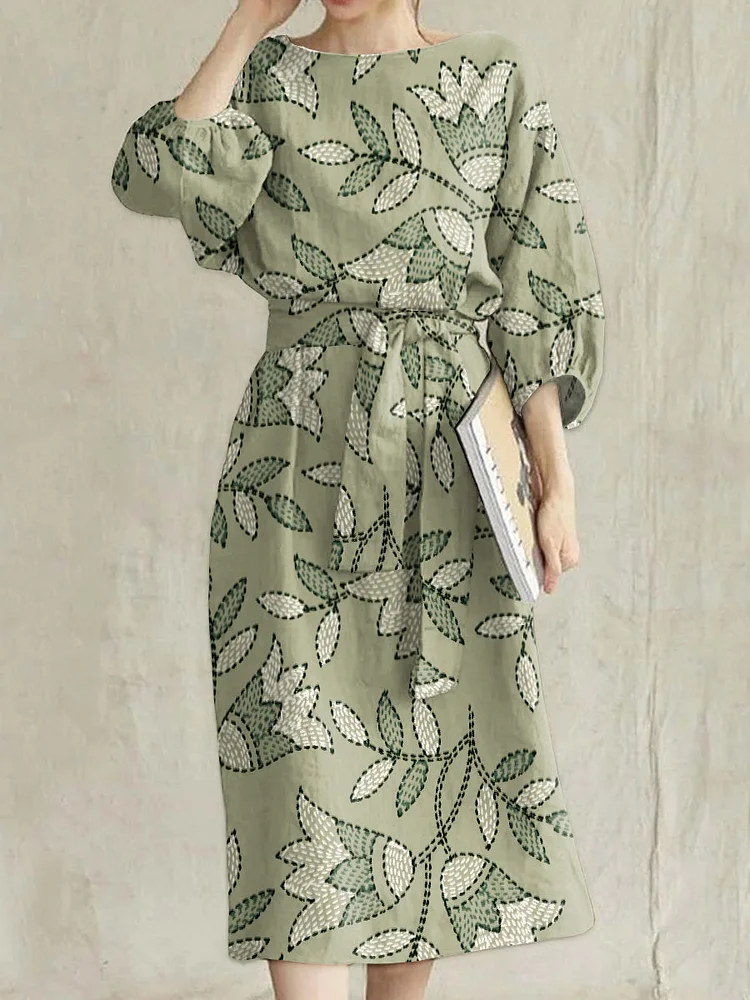 Retro Fashion Floral Art Print Midi High Waist Tie Round Neck Dress
