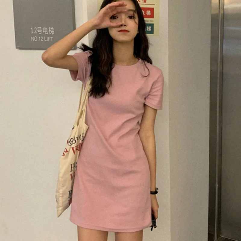 Summer Short Sleeve Dress Solid O-neck Loose Womens Leisure Daily Streetwear Simple All-match Korean Style Chic Trendy BF New