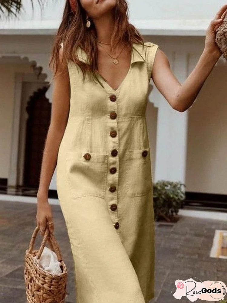 Sleeveless Casual V Neck Shift Maxi Dress