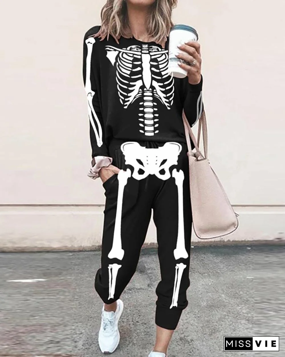 Halloween Skeleton Print Top & Pocket Design Pants Set