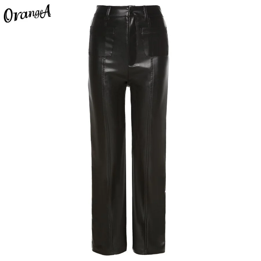 OrangeA Y2K Fashion Women Summer Faux Leather Straight Pants Luxurious Vintage Leisure PU Loose Office Lady Slim Design Trousers