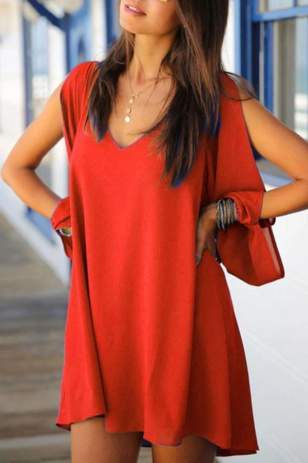 Asymmetric Hem Slit Long Sleeves Solid Color Shift Dresses