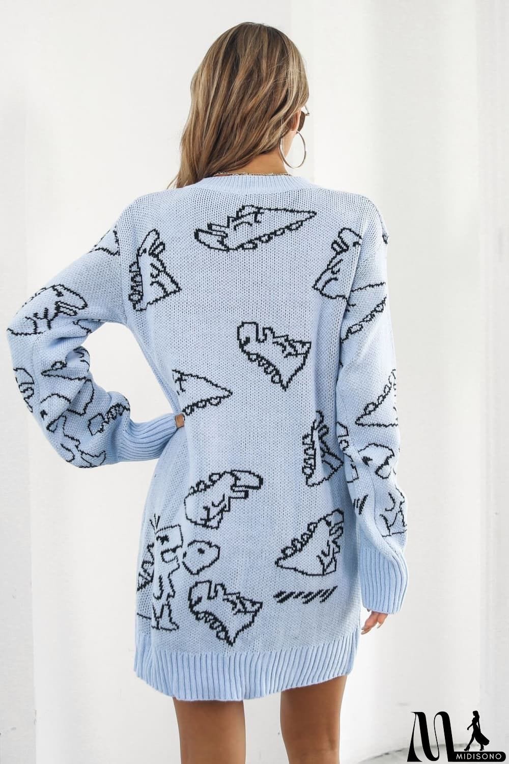 MidiSono - Dinosaur Pattern V-Neck Sweater Dress