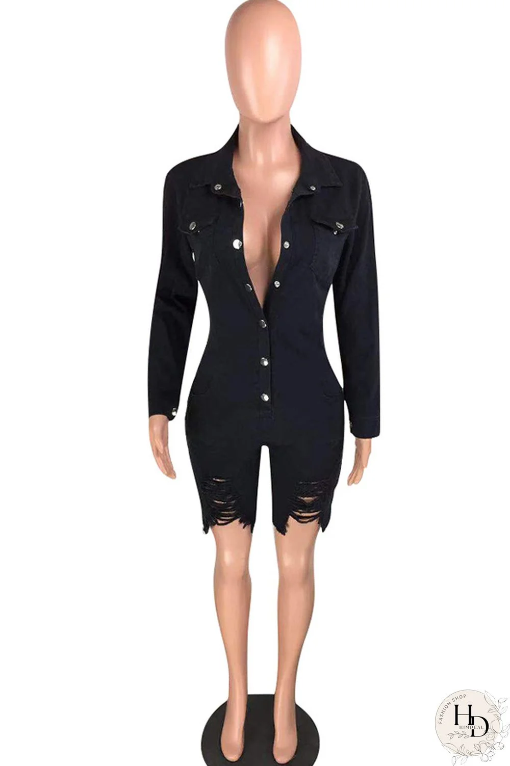 Black Sexy Solid Button washing Cotton Long Sleeve Turndown Collar Rompers