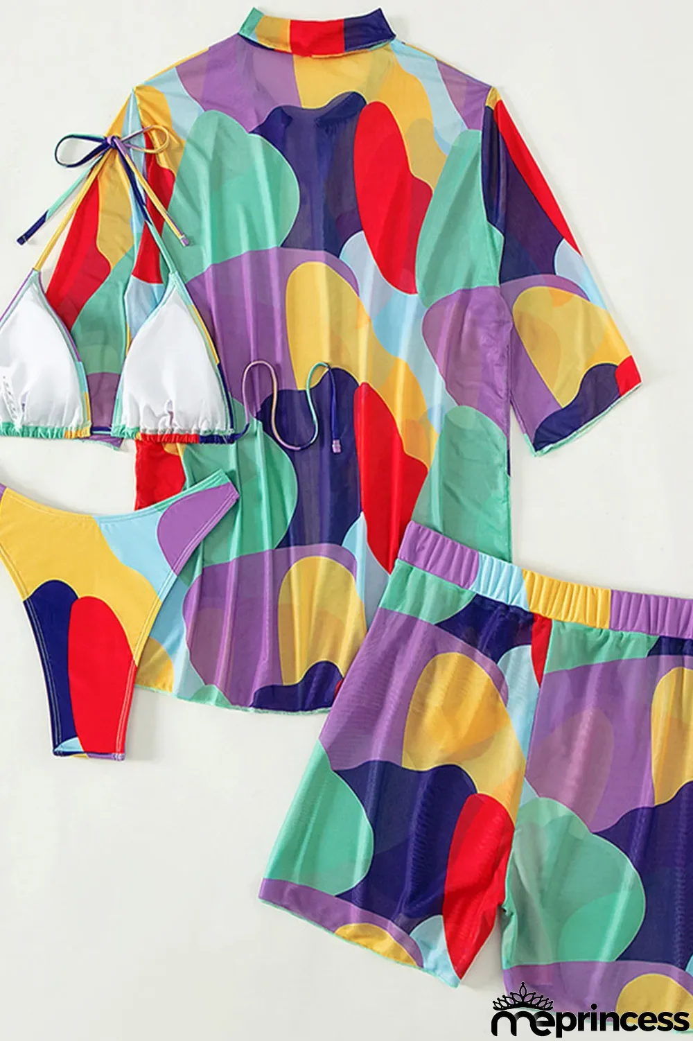 Colour Casual Vacation Print Patchwork Turndown Collar Short Sleeve Four Pieces