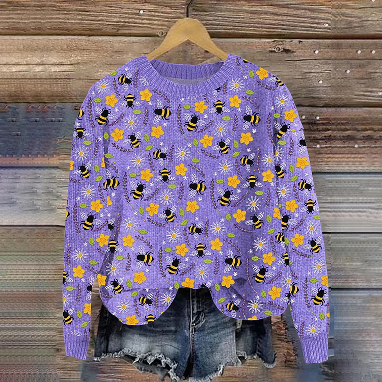 Bee Floral Embroidery Pattern Cozy Knit Sweater