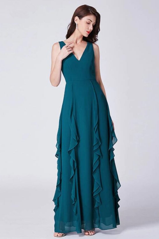 Elegant V-Neck Sleeveless Prom Dress Long Chiffon Ruffles Evening Gowns - lulusllly