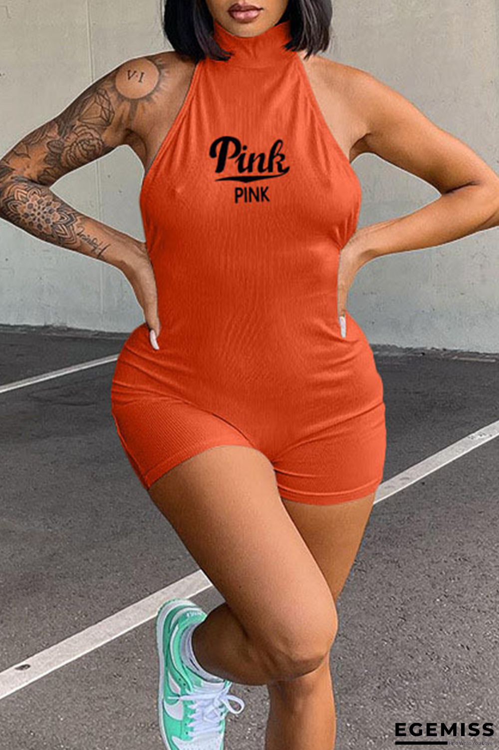 Tangerine Red Sexy Print Patchwork Halter Skinny Jumpsuits | EGEMISS