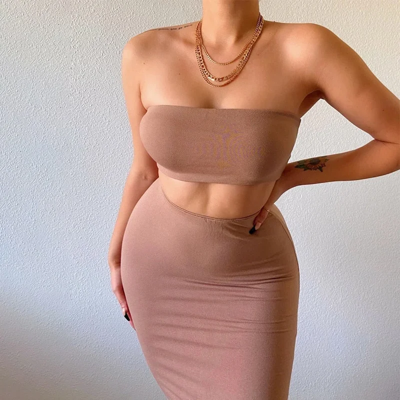 Dulzura Solid Women 2 Piece Set Tube Crop Top Midi Skirt Bodycon Sexy Streetwear Party Club Elegant Matching Co Ords 2021 Summer