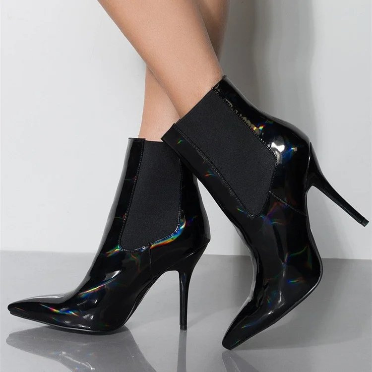 Black Patent Leather Chelsea Boots Stiletto Heel Ankle Boots |FSJ Shoes