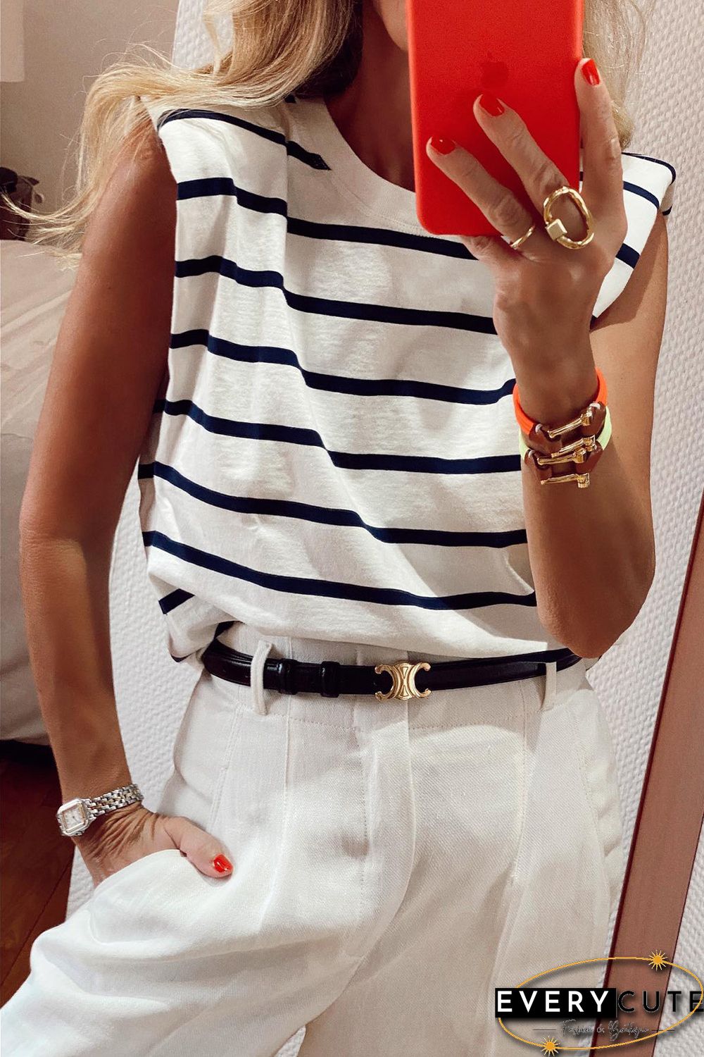 White Striped Print Shoulder Pads Boxy Tank Top