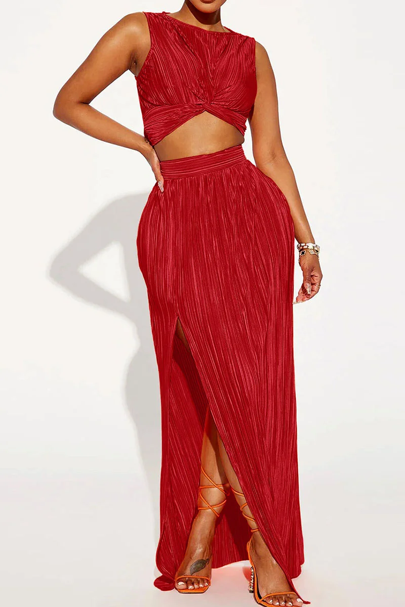 Red Sexy Solid Patchwork Slit Fold O Neck Sleeveless Two Pieces