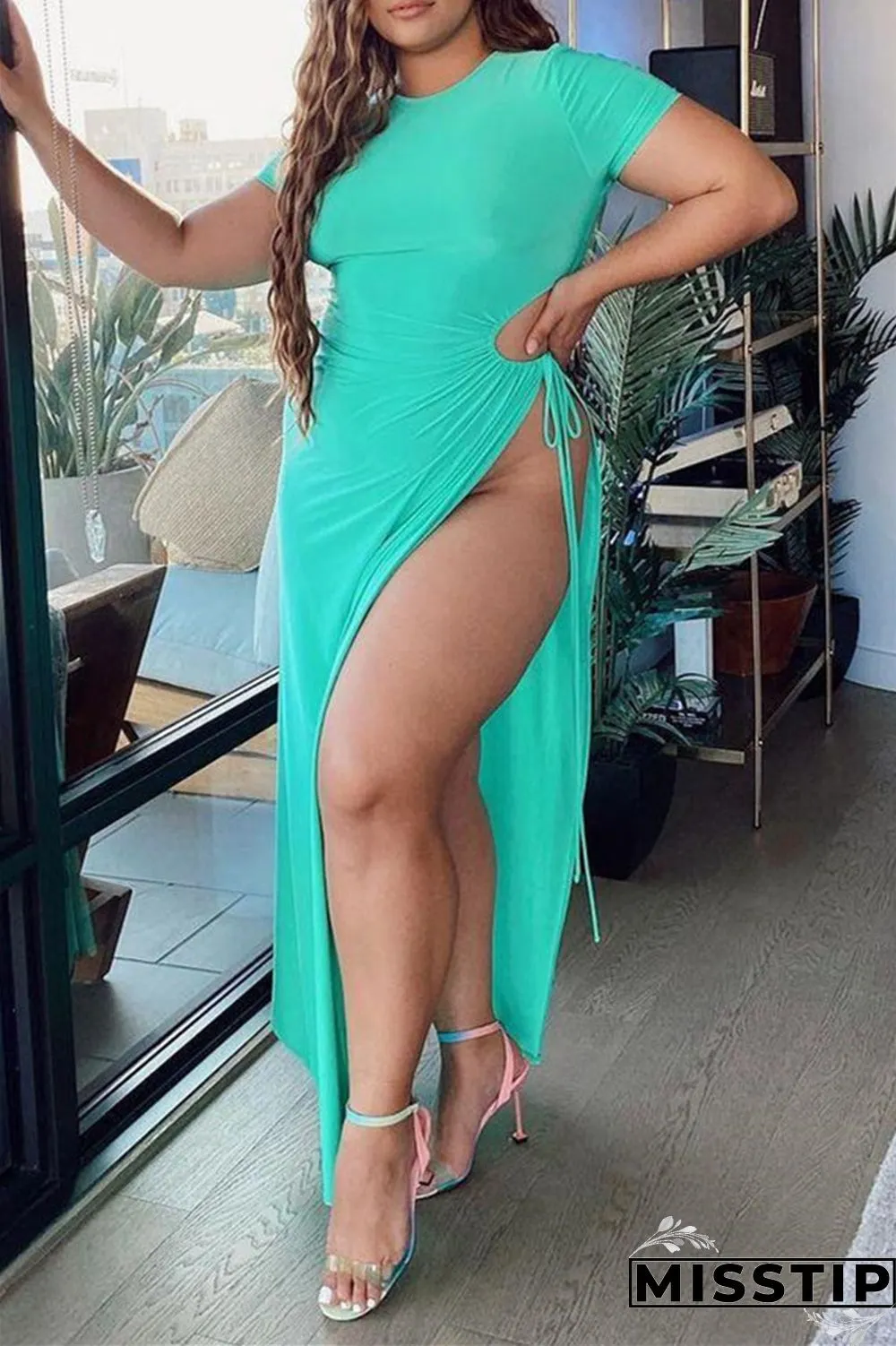 Orange Fashion Sexy Plus Size Solid Hollowed Out Slit O Neck Short Sleeve Dress