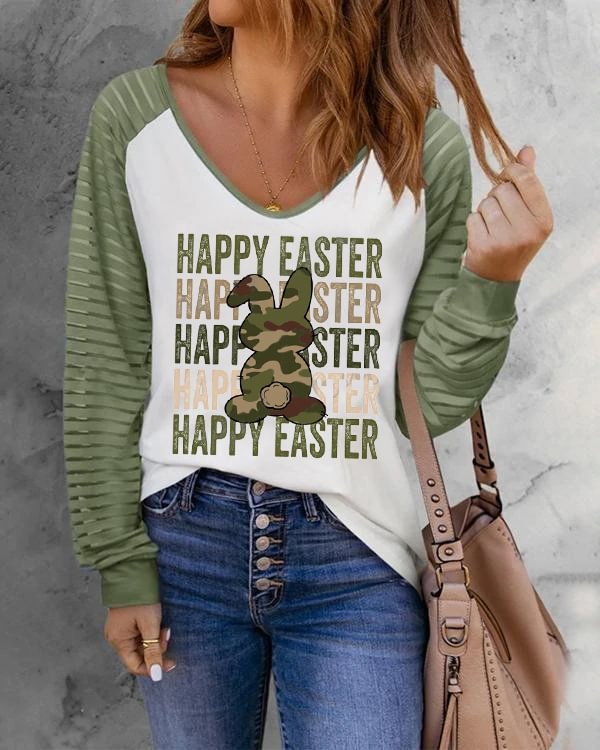Happy Easter Bunny Rabbit Stacked Camo Print V-neck Long Sleeve Tee
