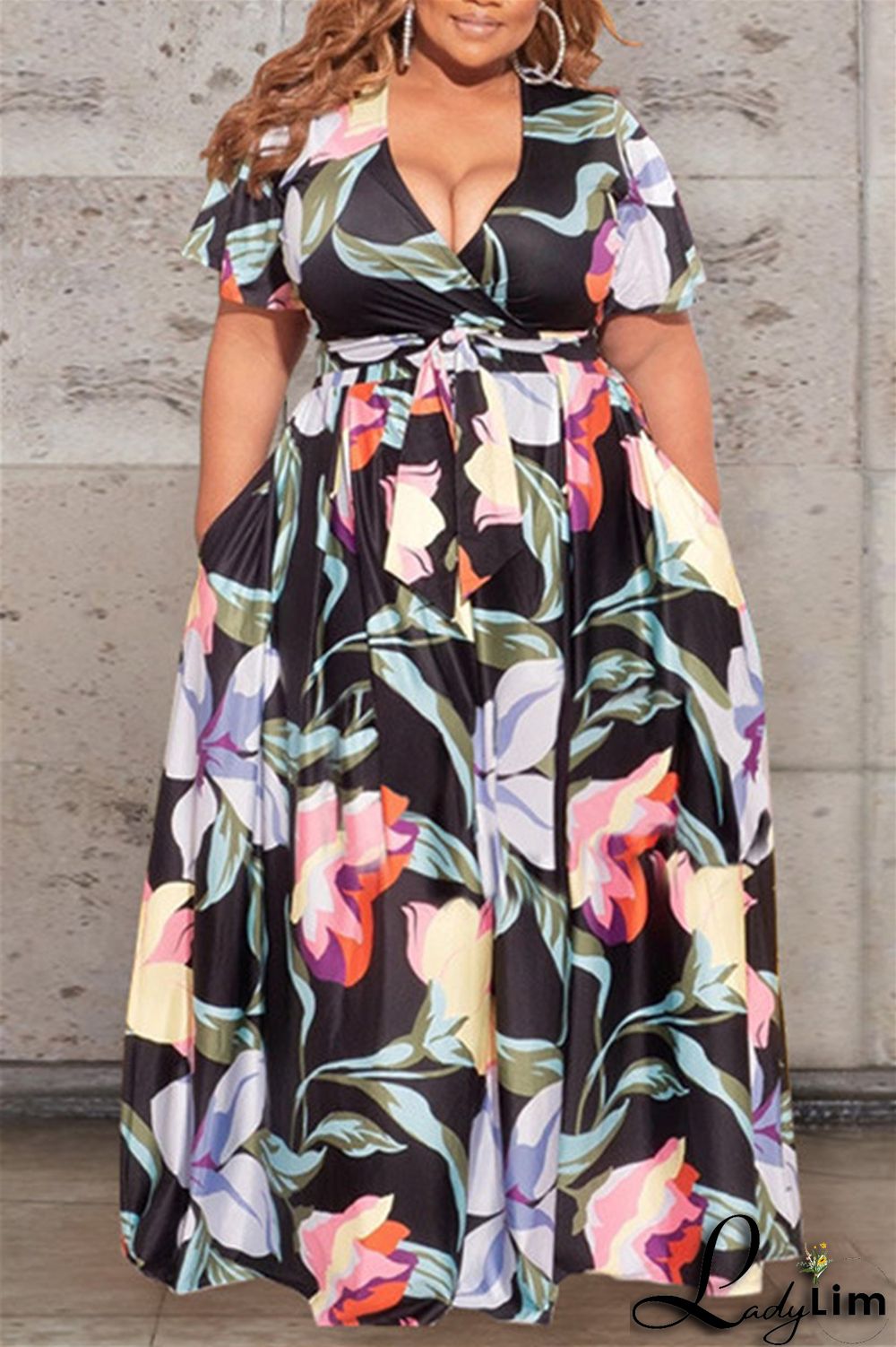 Earth Yellow Fashion Casual Print Bandage V Neck Plus Size Two Pieces