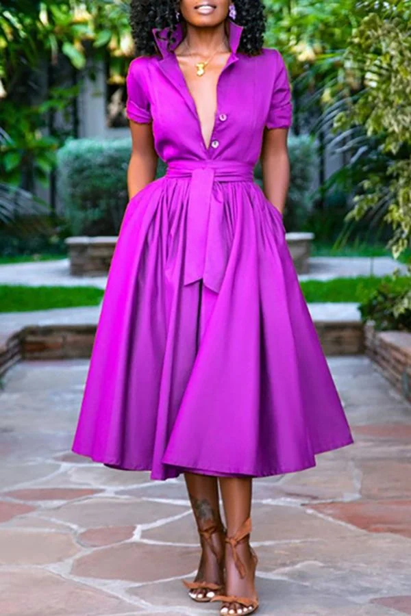 Solid Shirt Collar Button Tie Waist Midi Dress