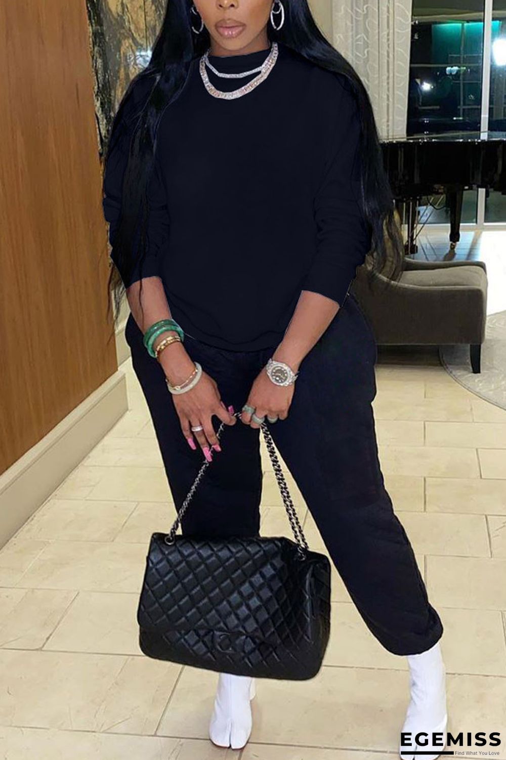 Black Casual Solid O Neck Long Sleeve Two Pieces | EGEMISS