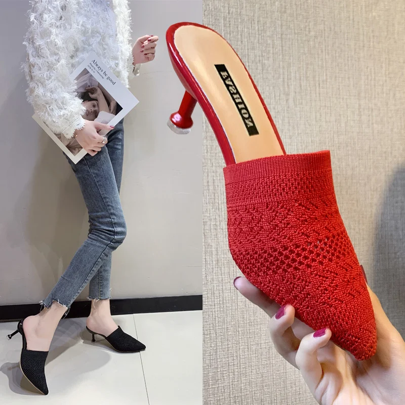 Breakj Breakj Red Flying Head Wear 2025 Spring New Knitted Head Hollow Tip Fine And High-Heeling Slippers Women's Cold Slippers